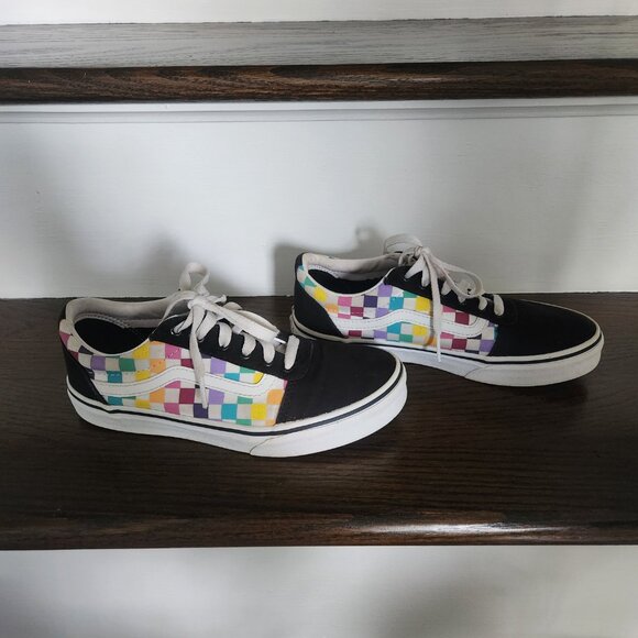 EUC-VANS Checkered Old Skool Rainbow Sneakers Canvas/Suede- Youth Missy Size 4 - Picture 6 of 14